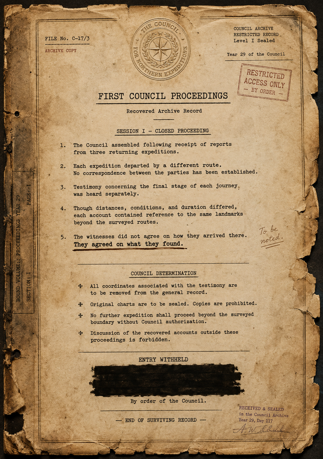 Recovered First Council Proceedings record, a restricted Council archive document with a sealed determination and a withheld entry.