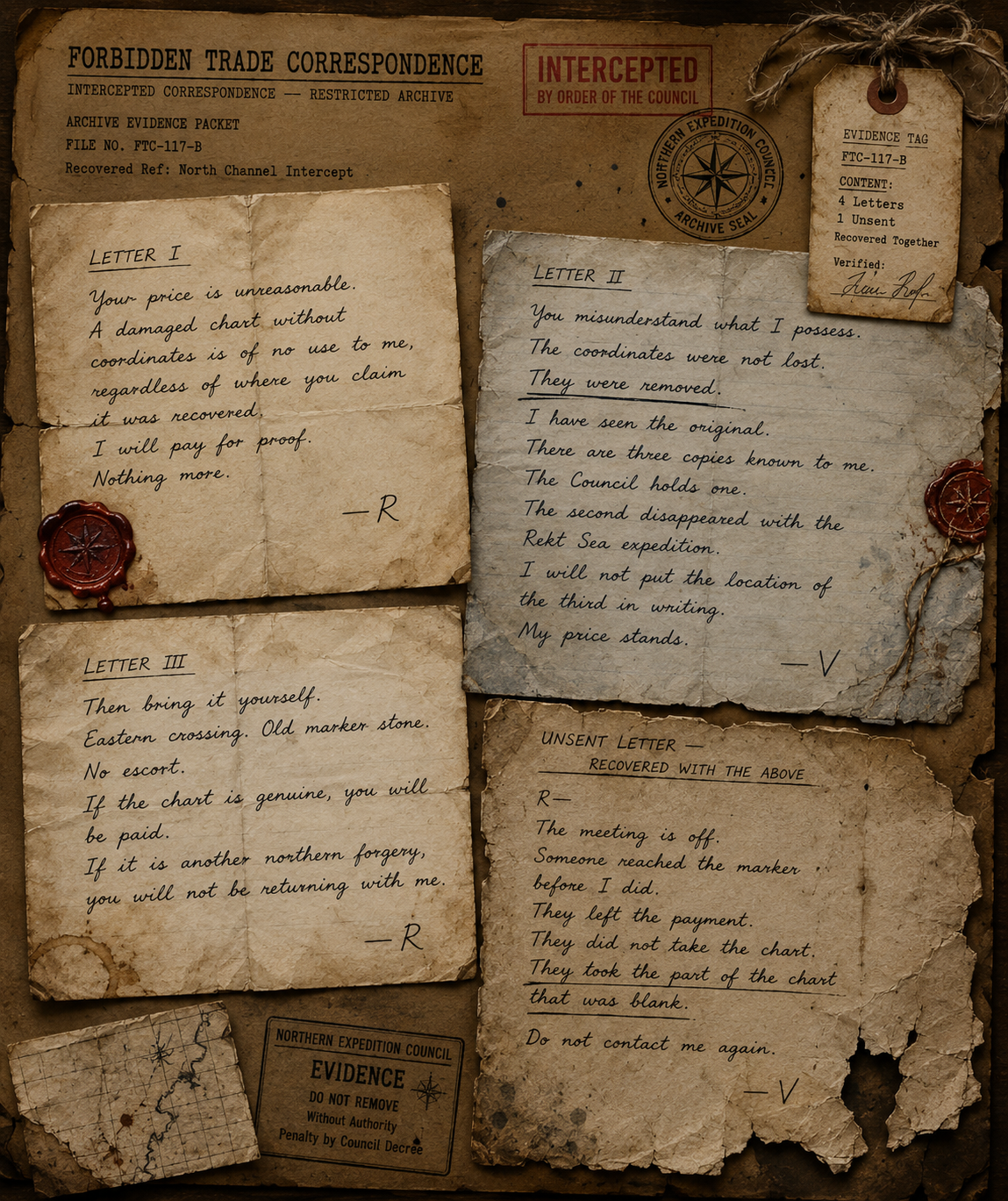 Intercepted evidence packet containing four letters and one unsent letter between two unidentified correspondents, R and V.