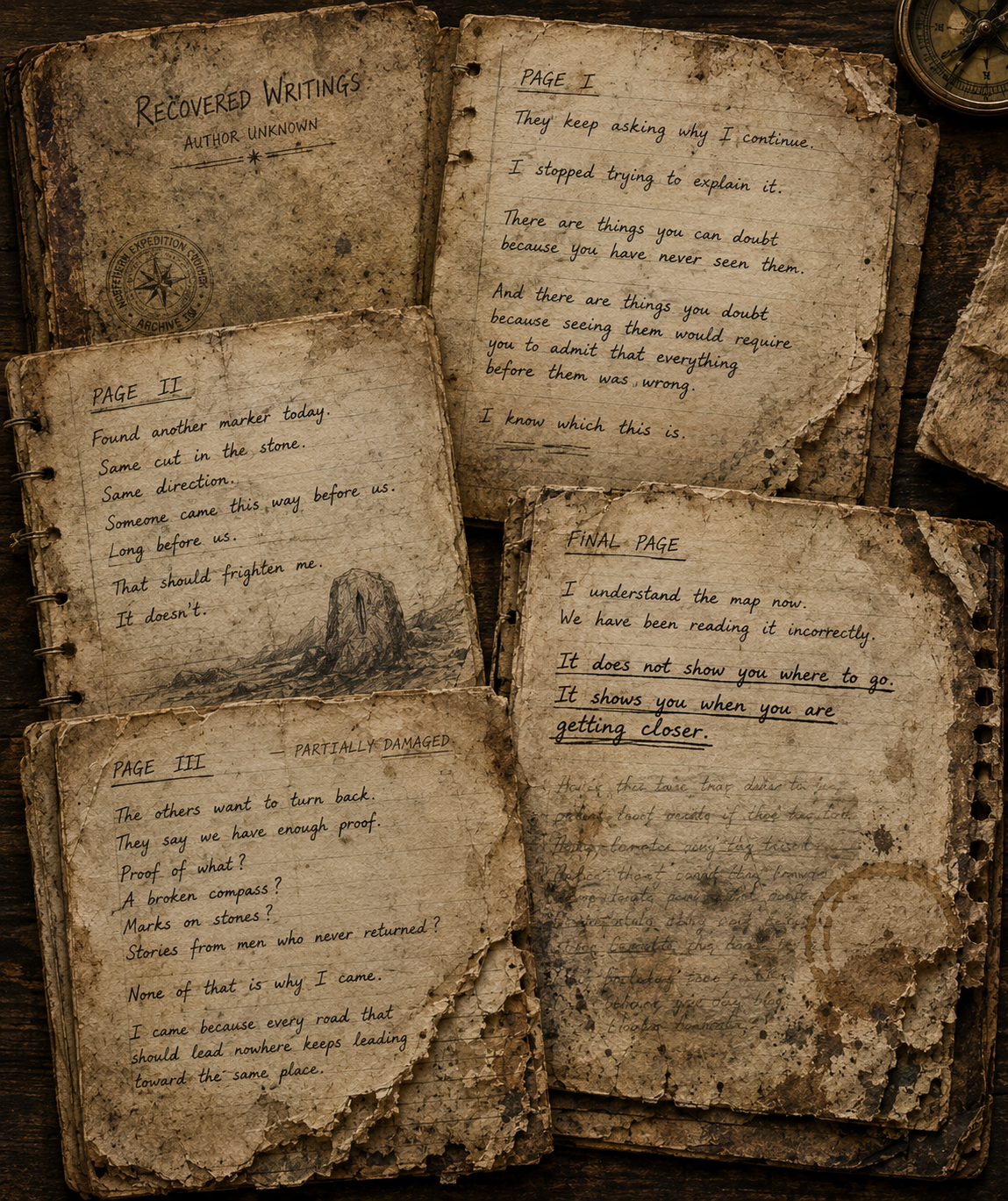 Recovered handwritten notebook pages by an unknown author, ending in a final realization.