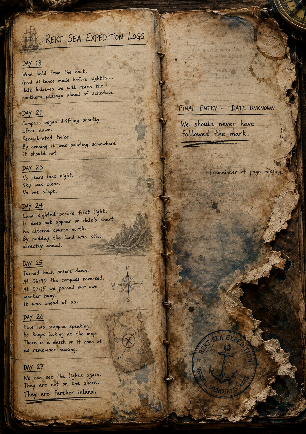 Recovered Rekt Sea Expedition logbook spread, daily entries ending in a damaged final page.